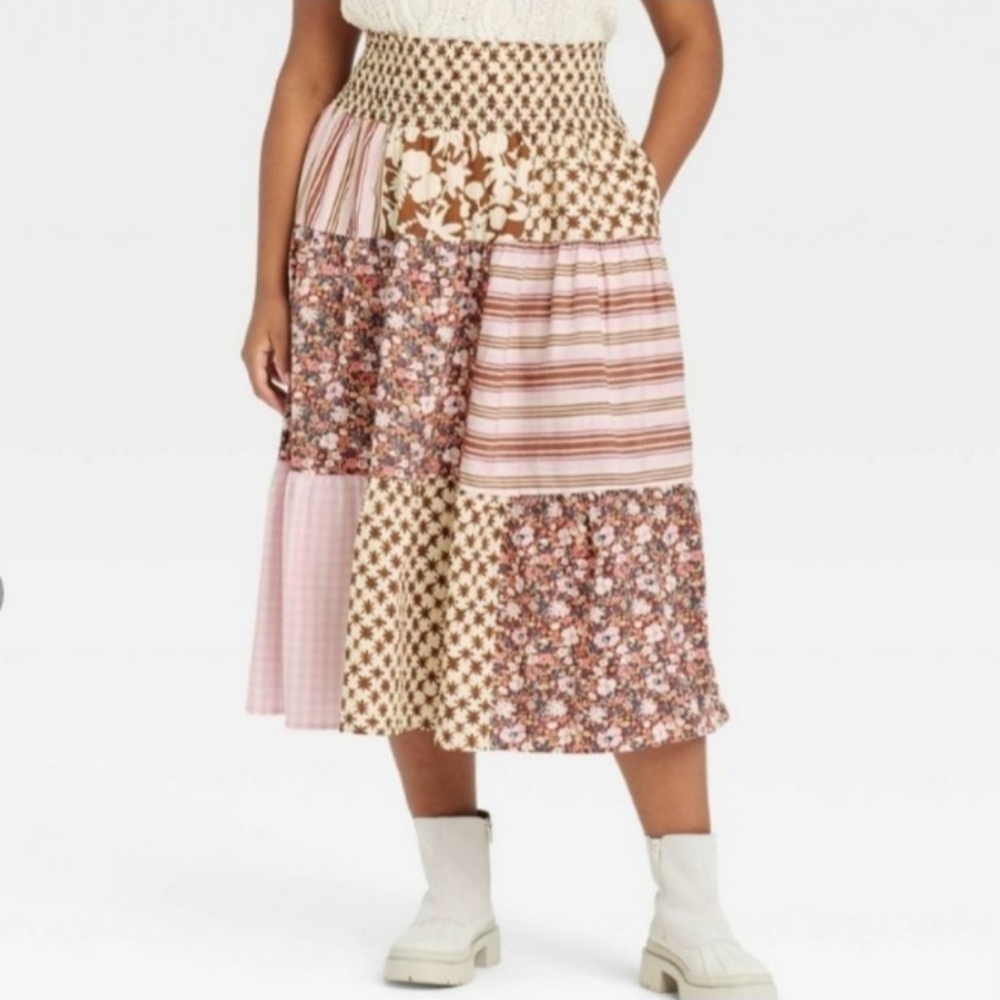 4X Plus Size Cotton Skirt High-Rise Tiered Midi A-line Multicolor Printed NEW